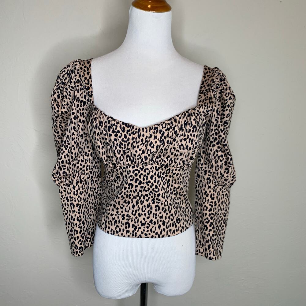 Zara Cheetah Leopard Print Cropped Puff Sleeve Blouse Sz Medium
